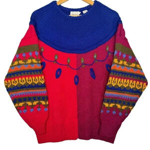 LESLIE FAY Vintage Grandma Core Funky Purple Pink Crewneck Knit Sweater Size L